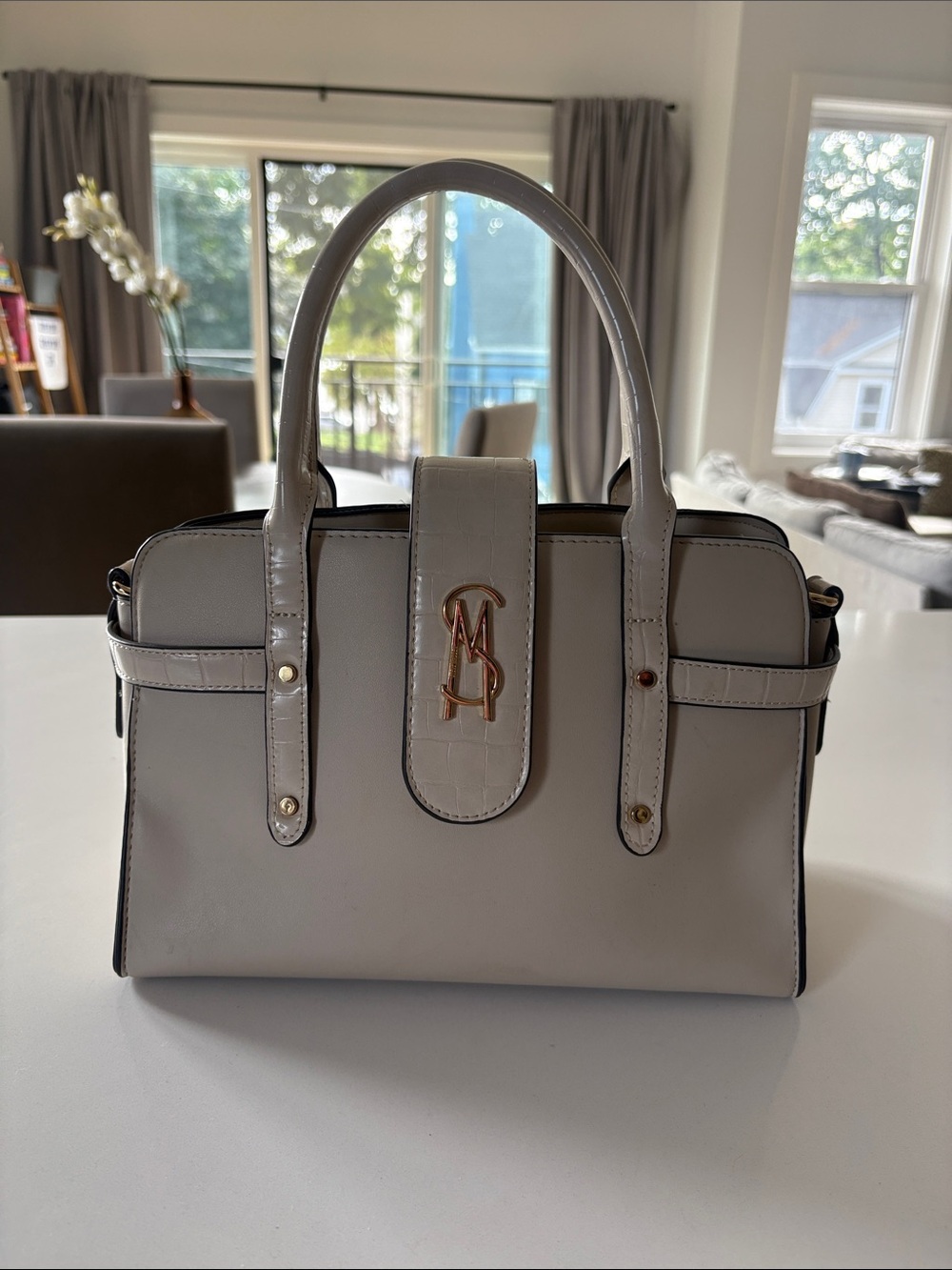 Steve Madden Cream Satchel Handbag with Gold Logo